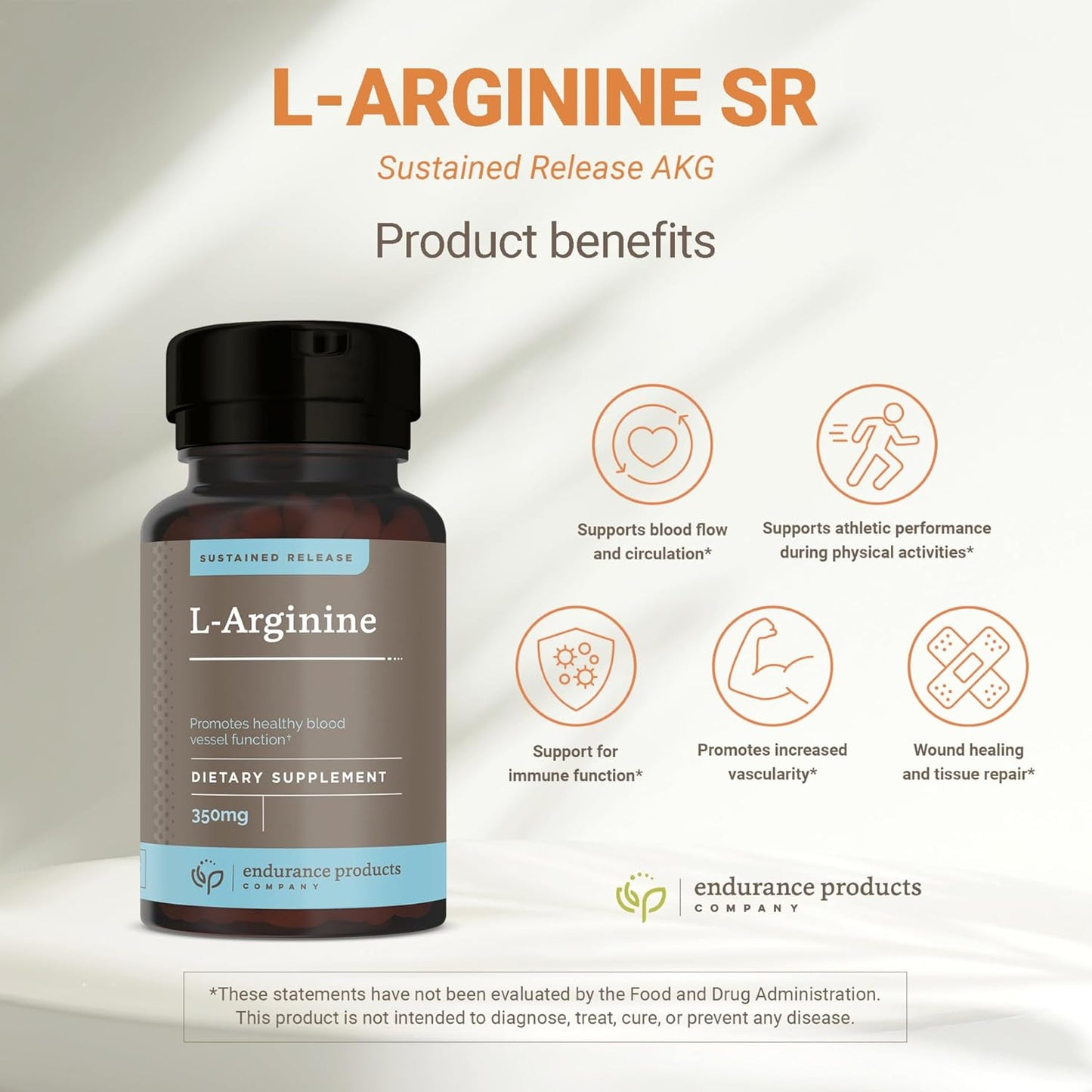 Endurance Products L-Arginine 350mg Sustained Release Tablets for Optimal Nitric Oxide Production - 180 Count
