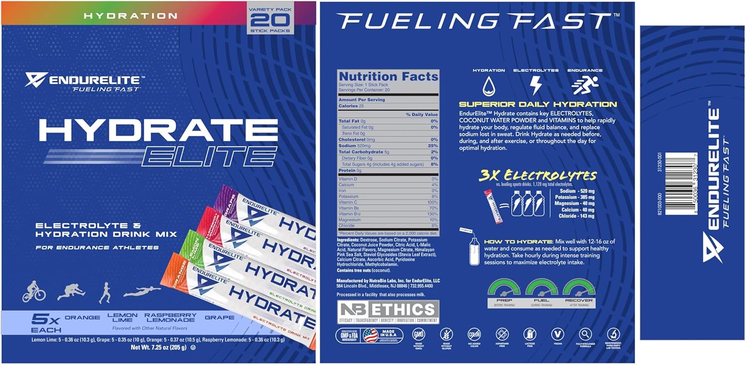 EndurElite Hydrate Elite Variety Pack - 20 Stick Packs for Hydration Powder