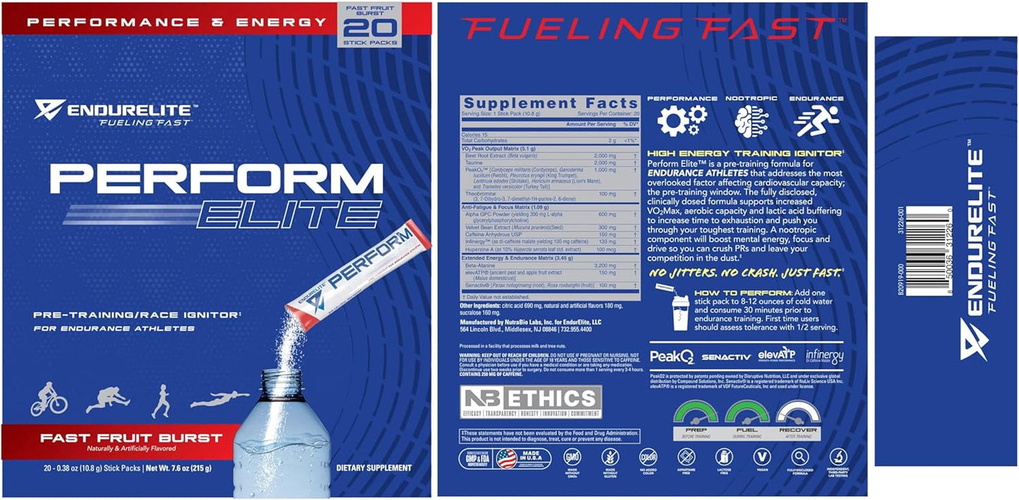 EndurElite Perform Elite Pre-Workout Powder Supplement for Endurance Athletes - 20 Servings - Fast Fruit Burst Flavor