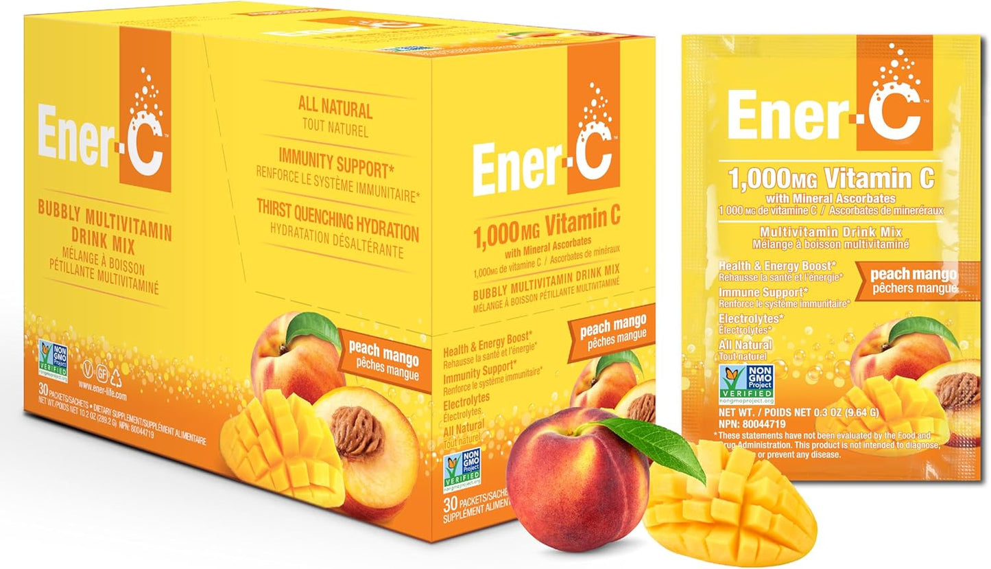 Ener-C Peach Mango Multivitamin Drink Mix Powder - Vitamin C 1000mg & Electrolytes - Natural Energy & Immune Support - Non-GMO Vegan & Gluten Free - 30 Packets