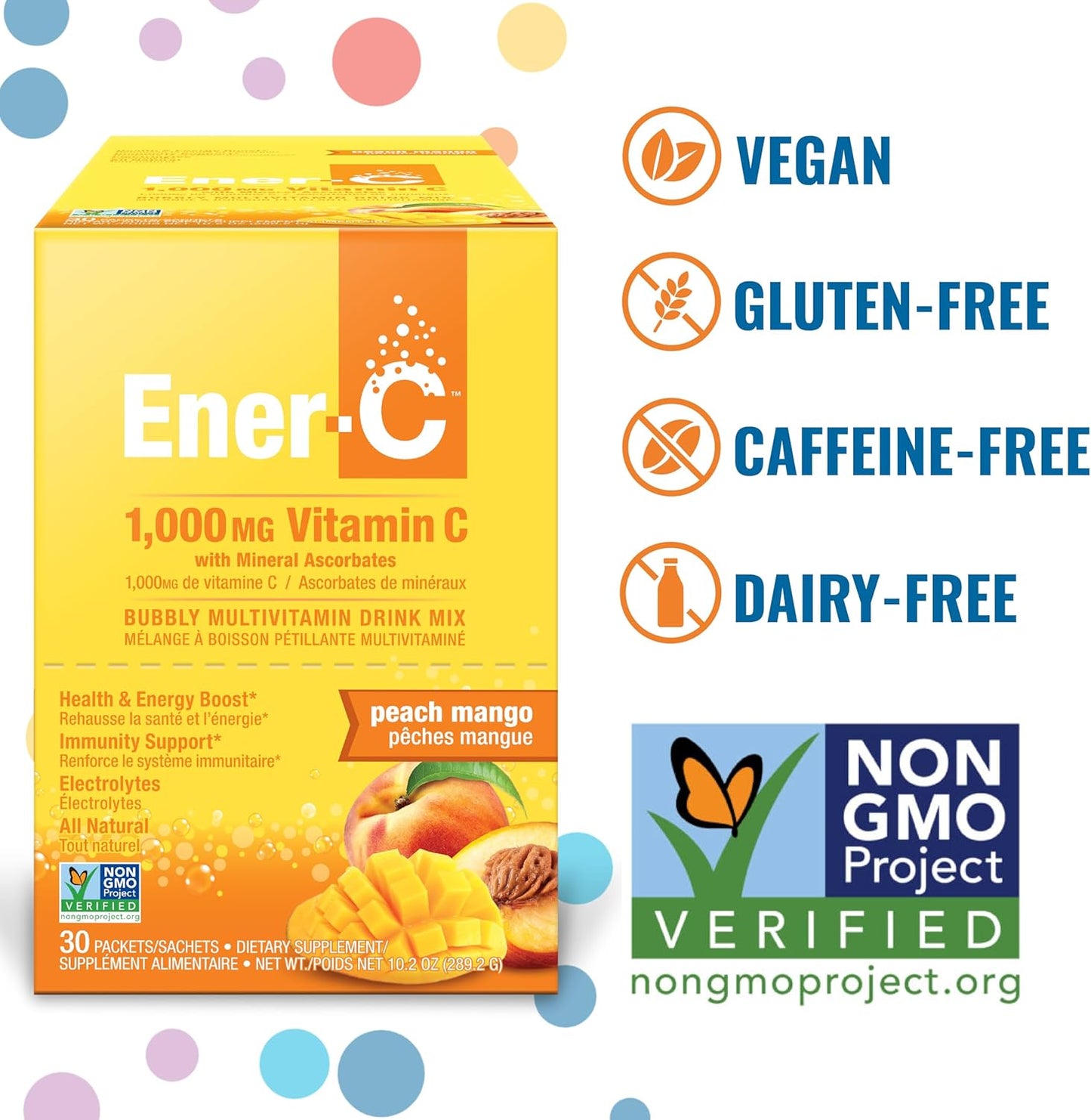 Ener-C Peach Mango Multivitamin Drink Mix Powder - Vitamin C 1000mg & Electrolytes - Natural Energy & Immune Support - Non-GMO Vegan & Gluten Free - 30 Packets