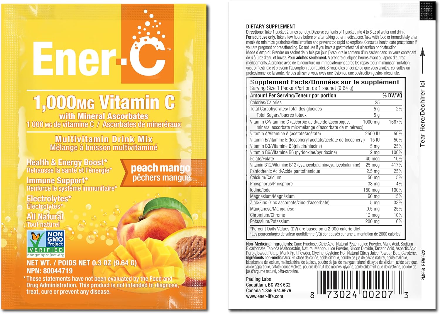 Ener-C Peach Mango Multivitamin Drink Mix Powder - Vitamin C 1000mg & Electrolytes - Natural Energy & Immune Support - Non-GMO Vegan & Gluten Free - 30 Packets
