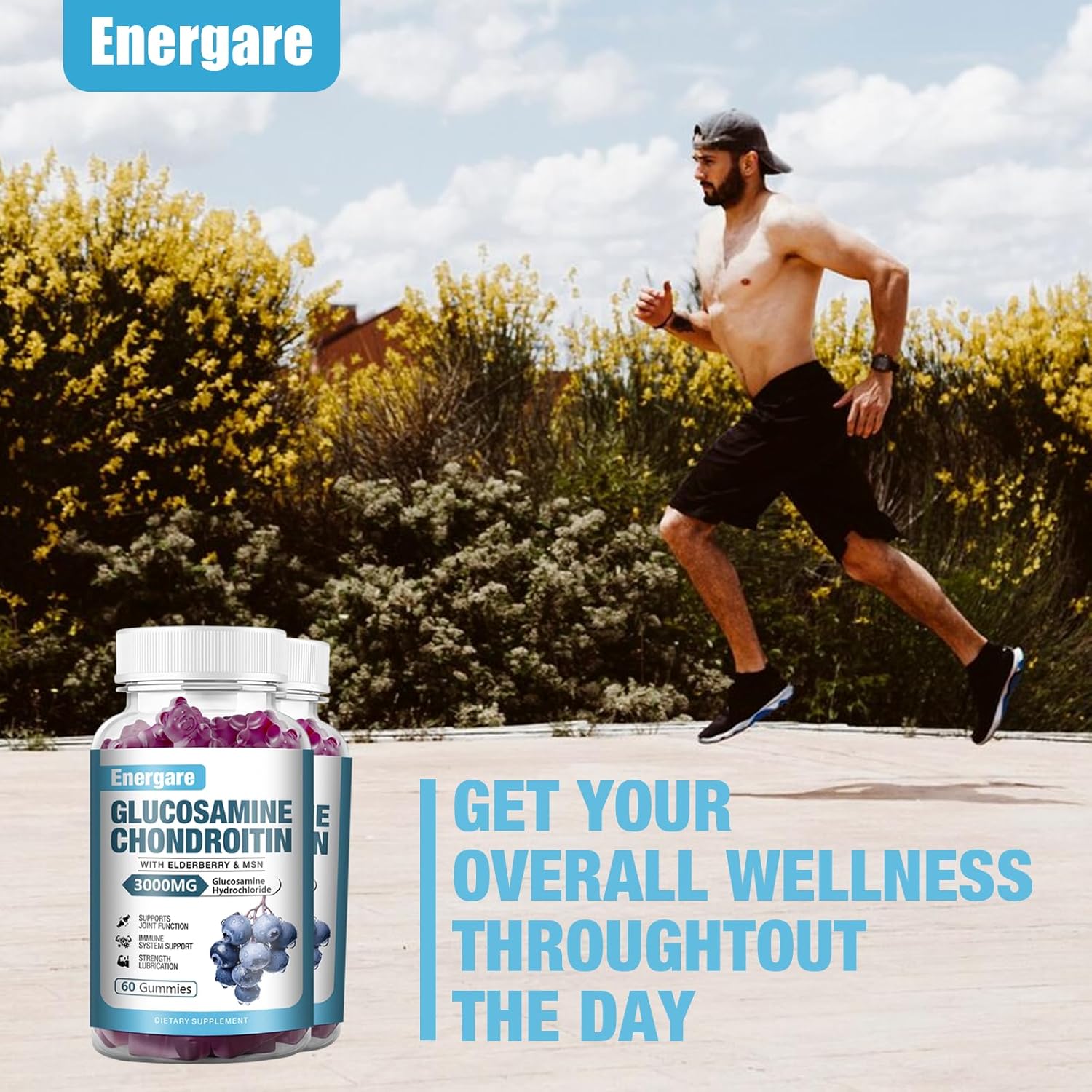 Energare 3000mg Glucosamine Chondroitin MSM Gummies with Elderberry, Joint Support & Immune Supplement for Adults - 2 Pack, 120 Gummies