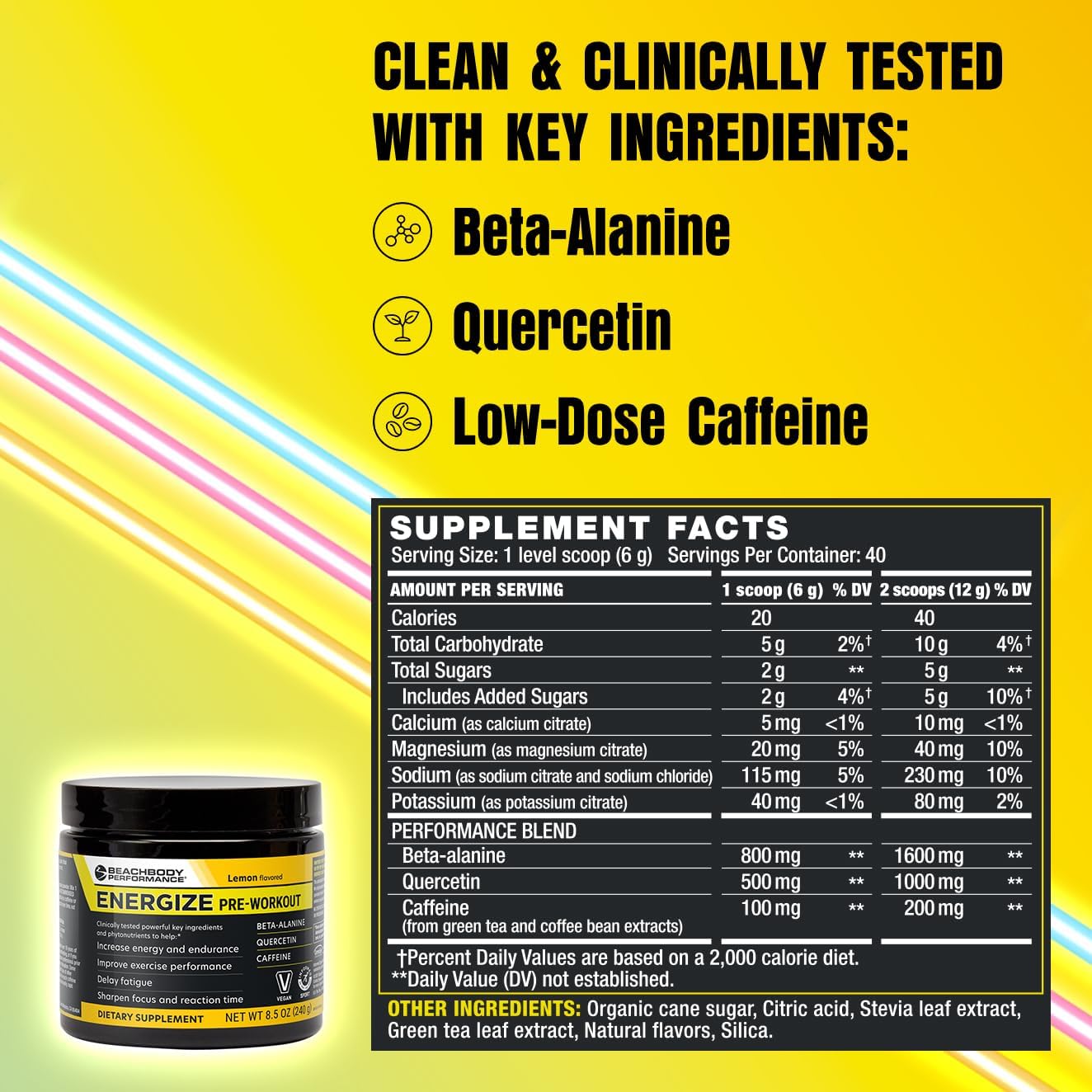 Energize Pre Workout Powder - Beta-Alanine, Quercetin & Low-Dose Caffeine Formula - Lemon Flavored - 40 Servings