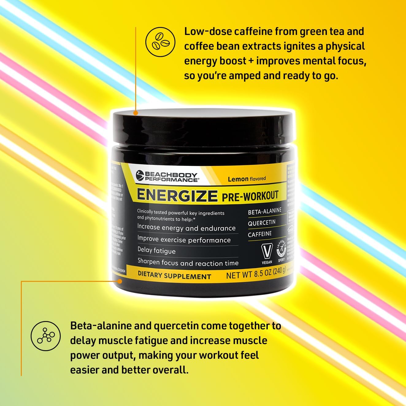Energize Pre Workout Powder - Beta-Alanine, Quercetin & Low-Dose Caffeine Formula - Lemon Flavored - 40 Servings