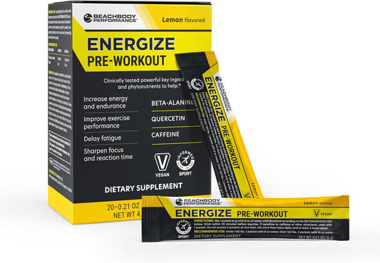 Energize Pre Workout Powder with Beta-Alanine, Quercetin, and Caffeine for Energy and Focus - Lemon Flavored, 20 Sticks