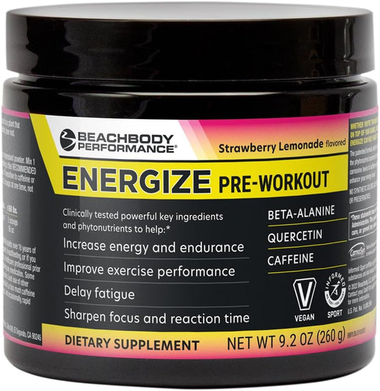 Energize Pre Workout Powder with Beta-Alanine, Quercetin, and Caffeine - Boost Energy and Focus, Strawberry Lemonade Flavor, 40 Servings