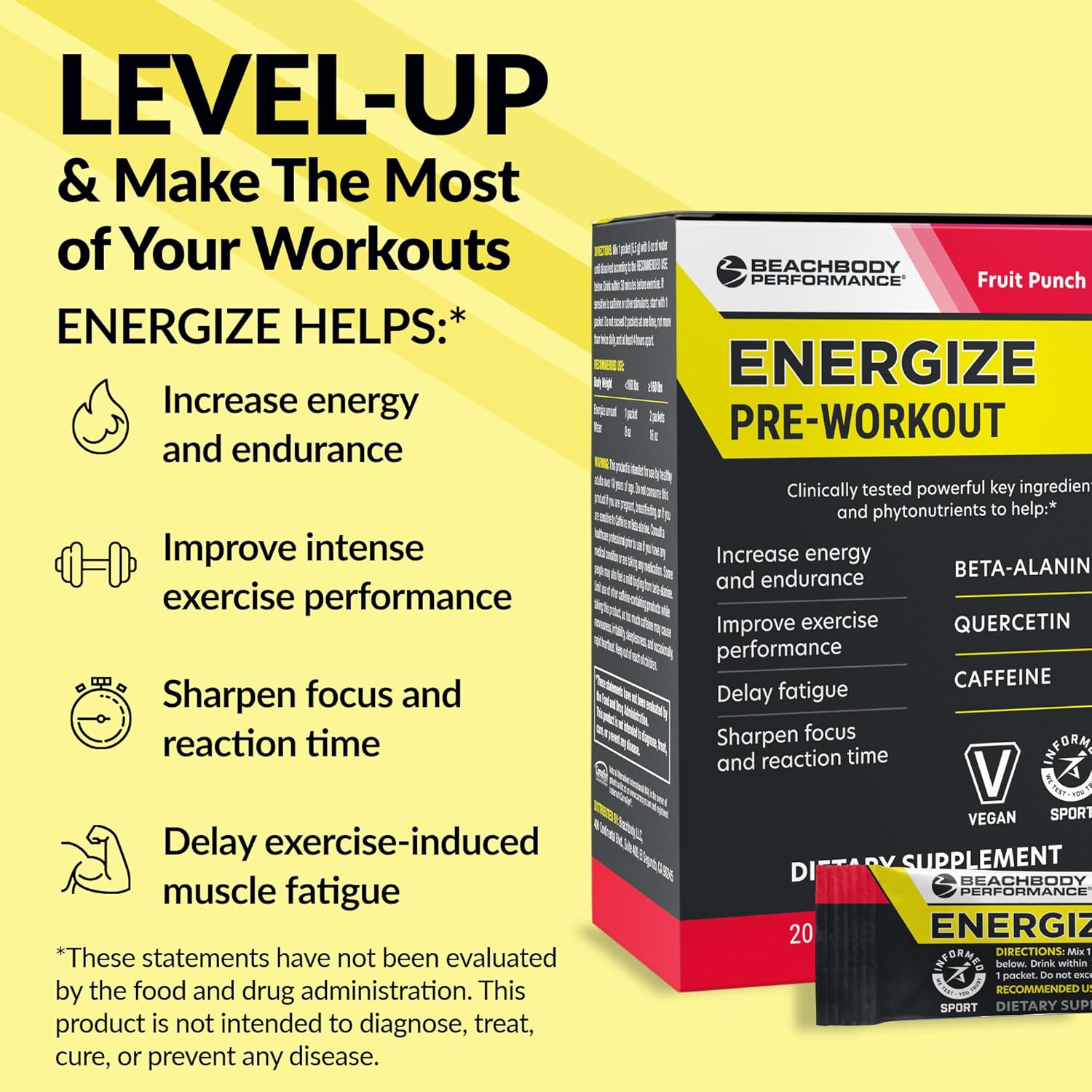 Energize Pre Workout Powder with Beta-Alanine, Quercetin, & Caffeine for Energy & Focus - Fruit Punch, 20 Sticks