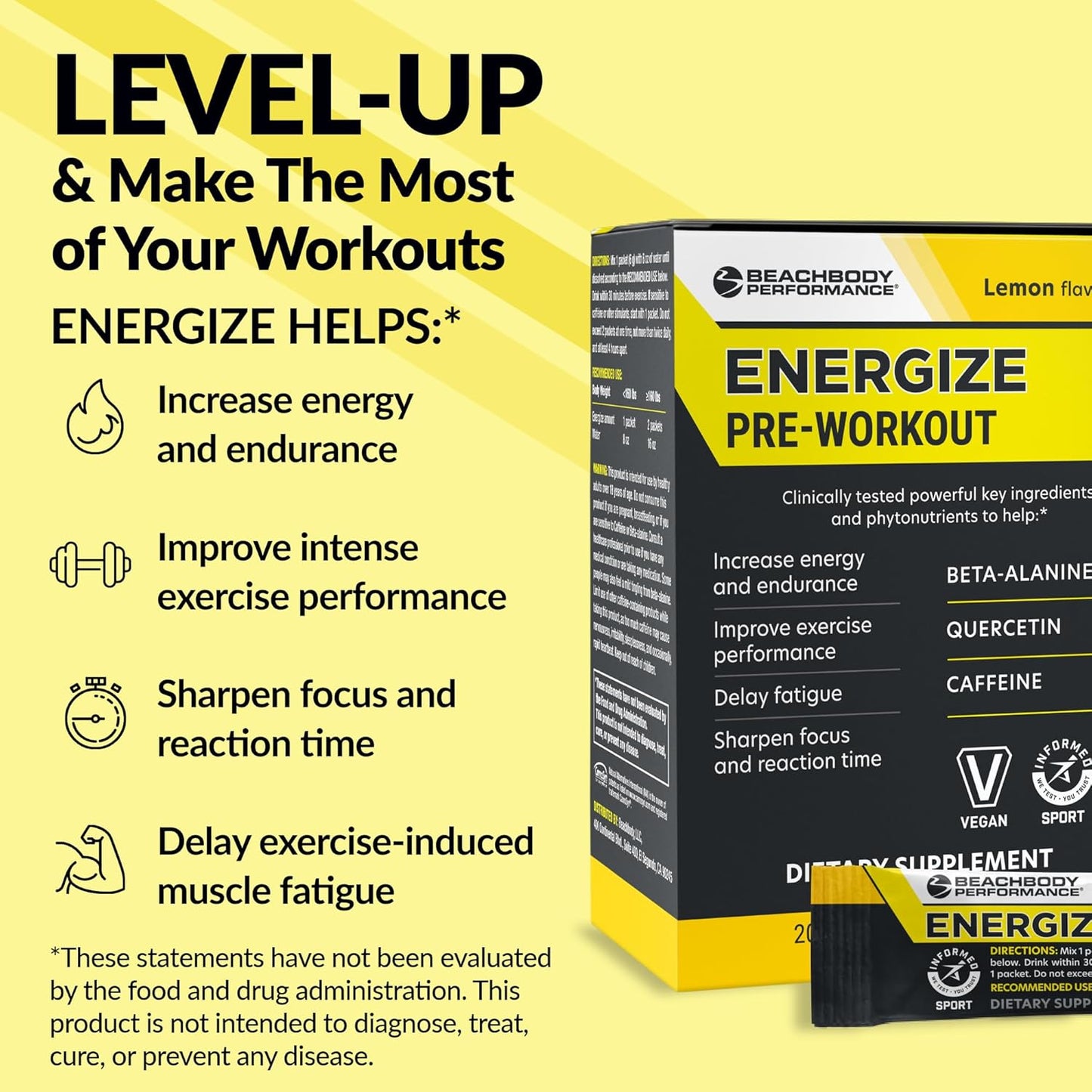 Energize Pre Workout Powder with Beta-Alanine, Quercetin, and Caffeine for Energy and Focus - Lemon Flavored, 20 Sticks