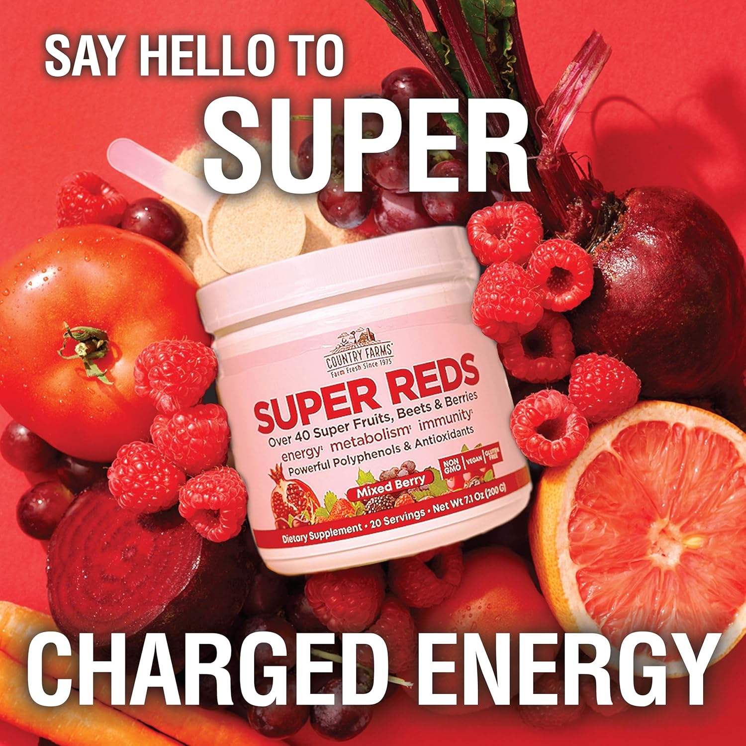 Energizing Superfood Blend with 48 Fruits and Berries for Energy and Antioxidant Support, Mixed Berry Flavor, 20 Servings