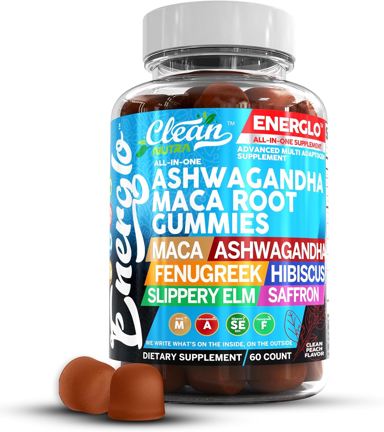 Energlo by Clean Nutra: Peach Flavored Vegan Gummy Vitamins with Ashwagandha, Maca Root, Fenugreek, and More