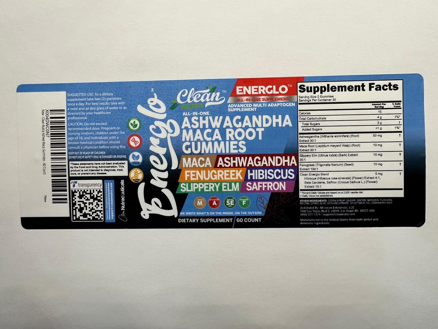 Energlo by Clean Nutra: Peach Flavored Vegan Gummy Vitamins with Ashwagandha, Maca Root, Fenugreek, and More