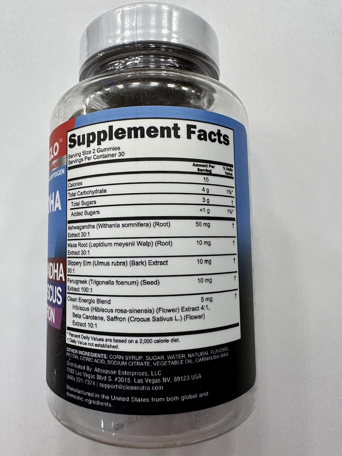 Energlo by Clean Nutra: Peach Flavored Vegan Gummy Vitamins with Ashwagandha, Maca Root, Fenugreek, and More