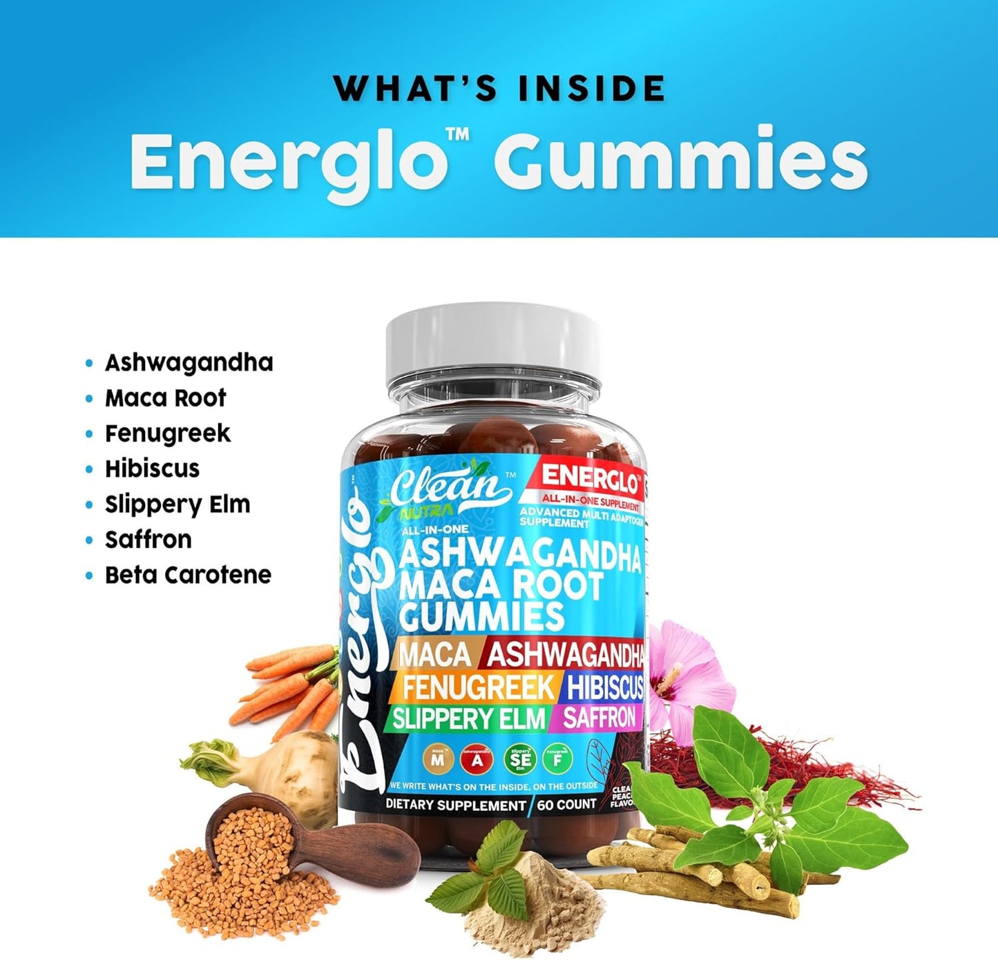 Energlo by Clean Nutra: Peach Flavored Vegan Gummy Vitamins with Ashwagandha, Maca Root, Fenugreek, and More