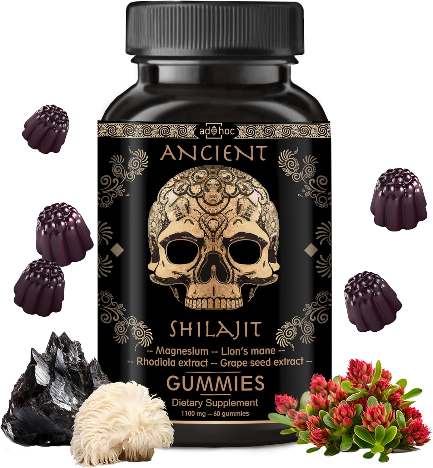 Energy and Immune Support Shilajit Gummies with Magnesium, Lion’s Mane, Rhodiola, Grape Seed - 60 Ct