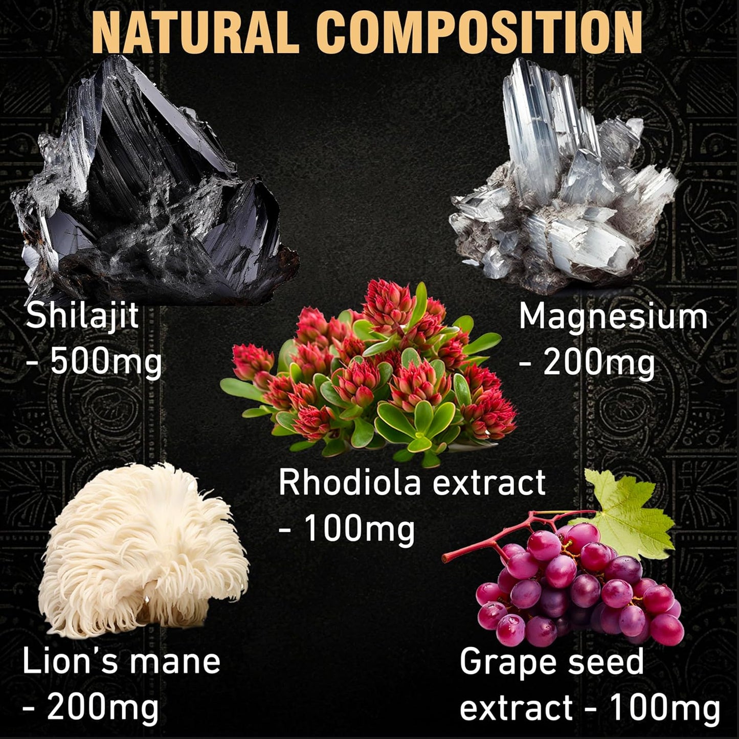 Energy and Immune Support Shilajit Gummies with Magnesium, Lion’s Mane, Rhodiola, Grape Seed - 60 Ct