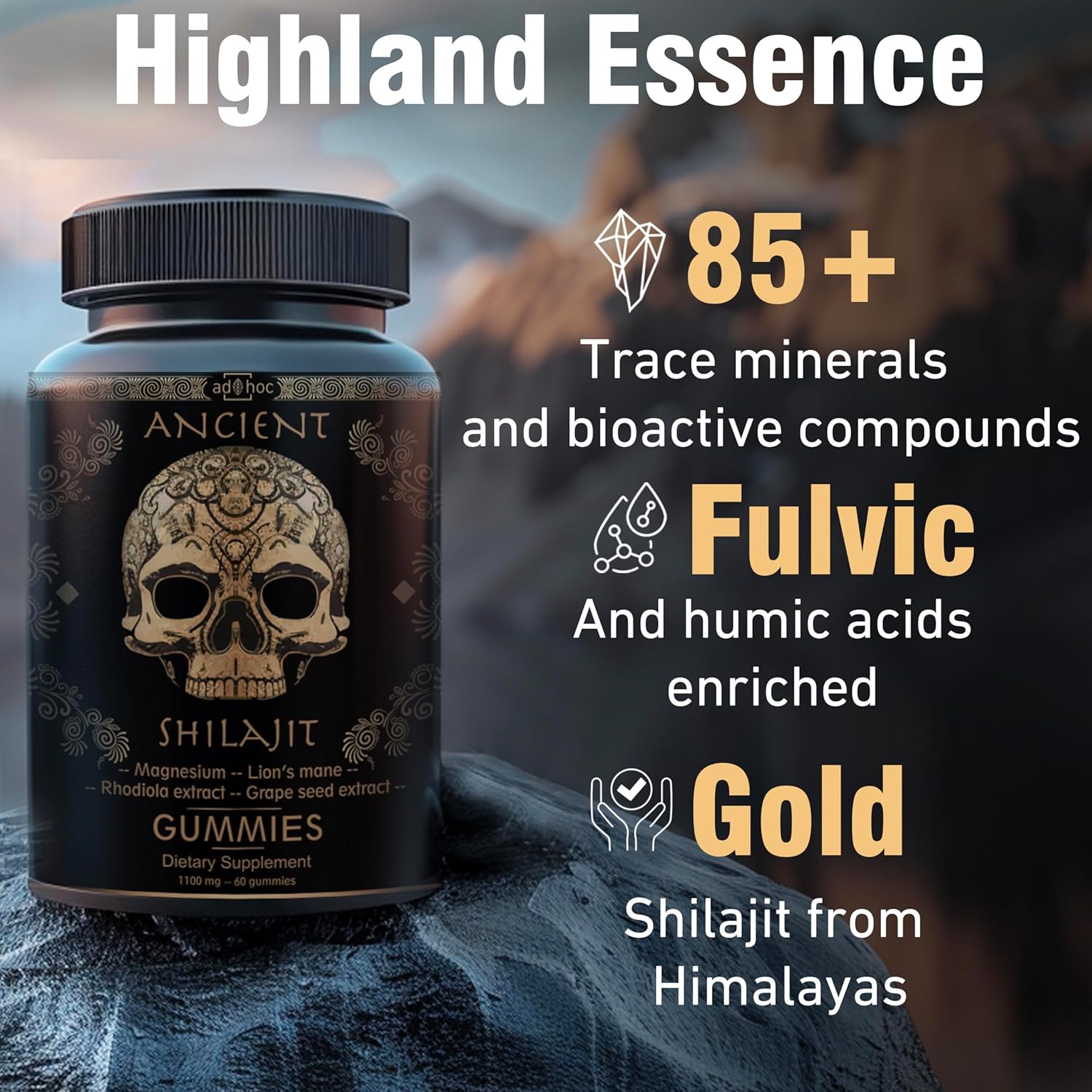 Energy and Immune Support Shilajit Gummies with Magnesium, Lion’s Mane, Rhodiola, Grape Seed - 60 Ct