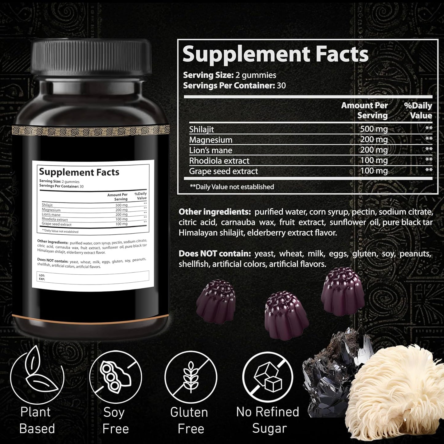 Energy and Immune Support Shilajit Gummies with Magnesium, Lion’s Mane, Rhodiola, Grape Seed - 60 Ct
