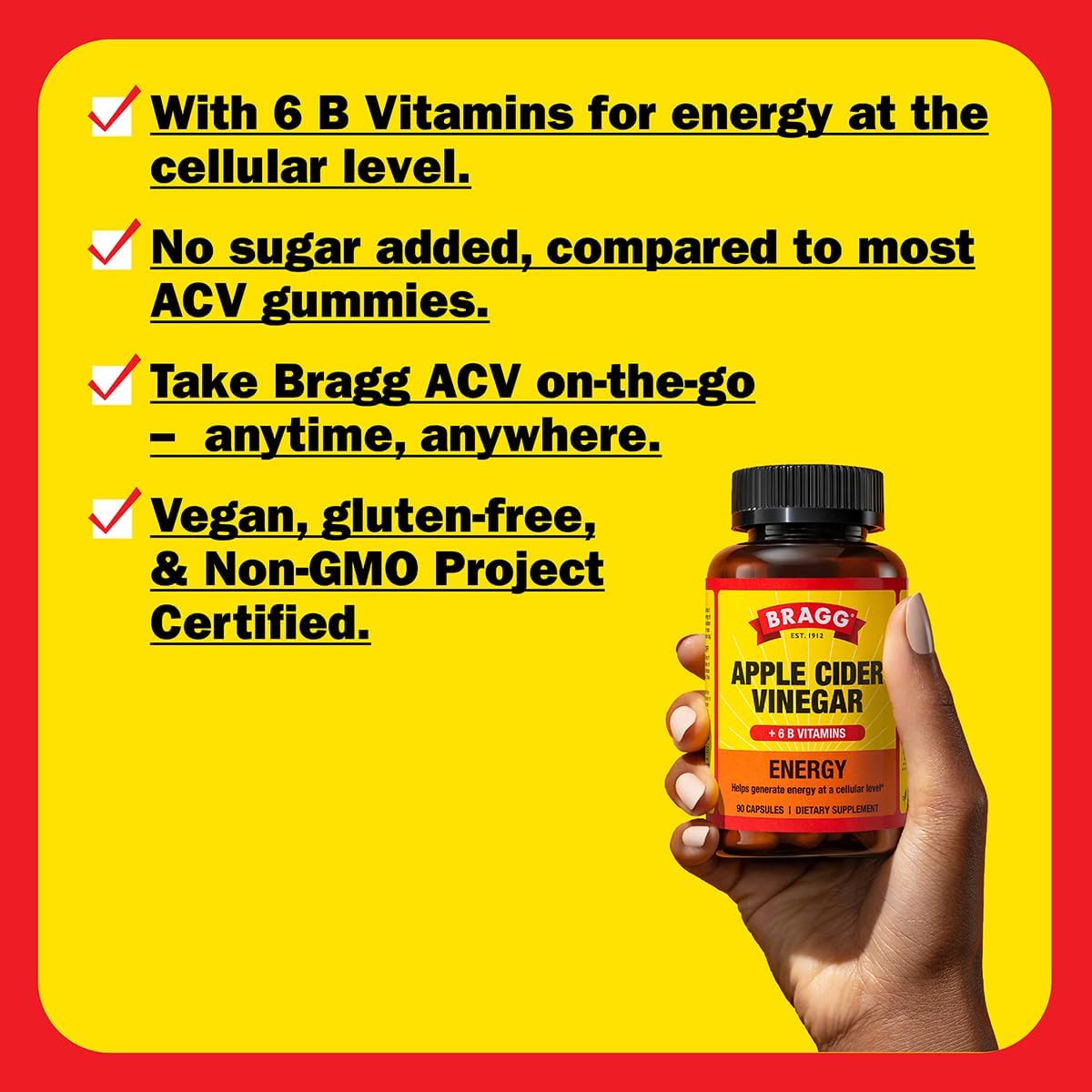 Energy Boosting Apple Cider Vinegar Capsules with B Vitamins - 90 Capsules - Enhances Cellular Energy Production