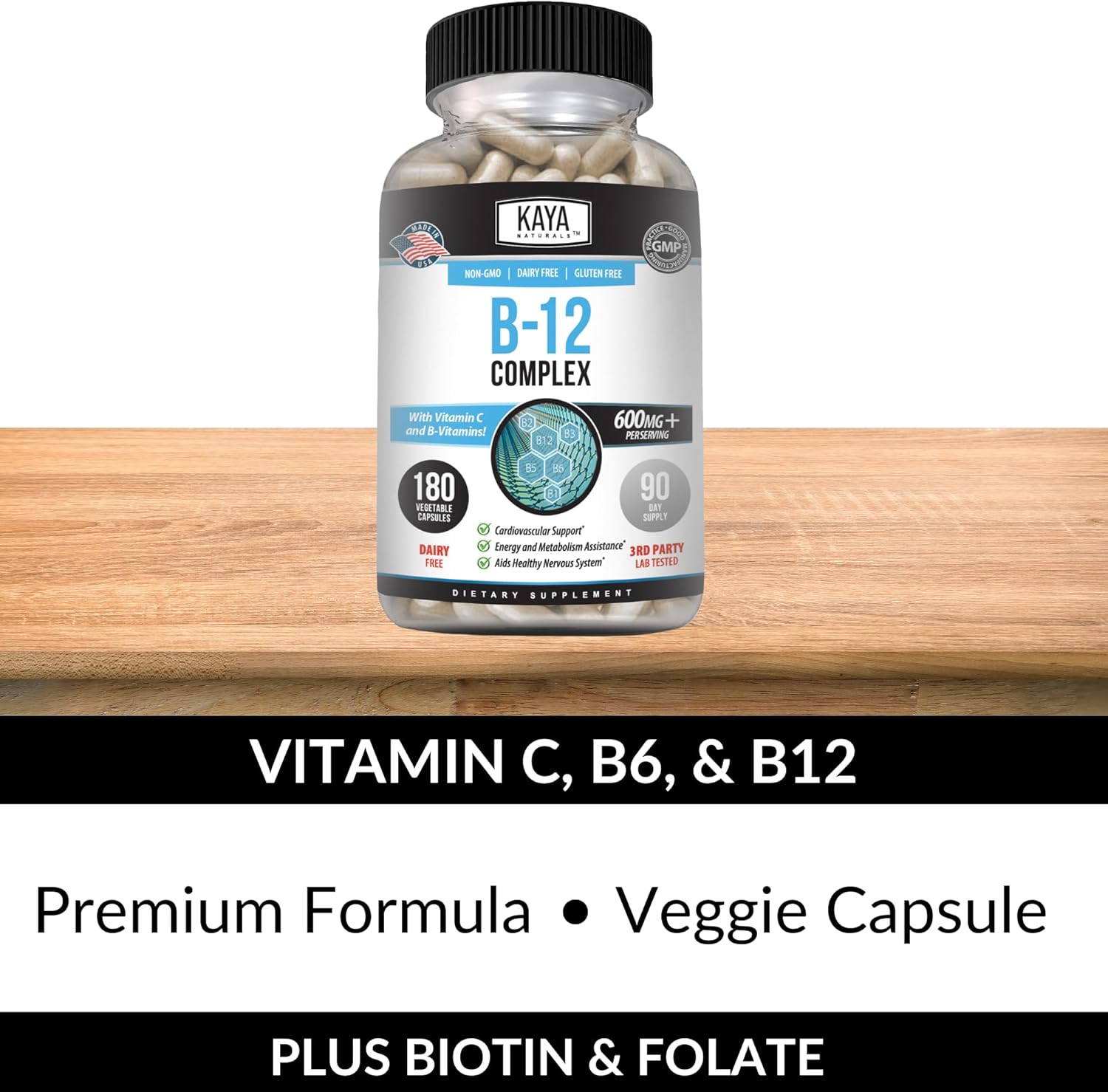 Energy-Boosting B-12 Complex Multivitamin Supplement with Biotin, Choline, Inositol, Folate, & Vitamin C for Men & Women - 180 Count