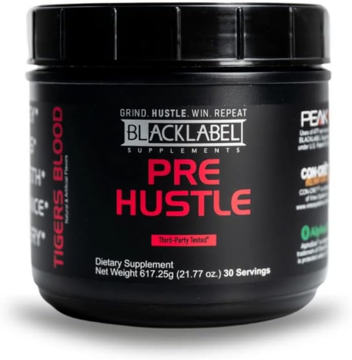 Energy-Boosting BLACKLABEL Supplements PRE Hustle: Pre-Workout with Caffeine, Vitamins, Amino Acids - Enhance Strength, Focus, Endurance, Recovery - 30 Servings