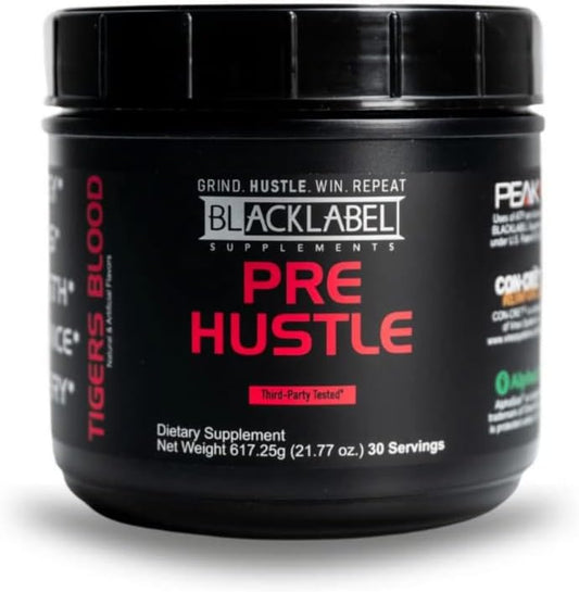 Energy-Boosting BLACKLABEL Supplements PRE Hustle: Pre-Workout with Caffeine, Vitamins, Amino Acids - Enhance Strength, Focus, Endurance, Recovery - 30 Servings