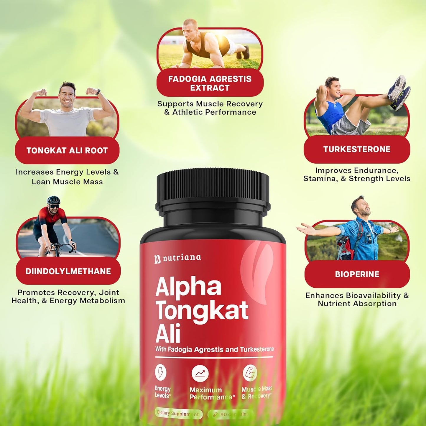 Energy Boosting Complex for Men - Nutriana Longjack Tongkat Ali Fadogia Agrestis & Turkesterone - 90 Capsules, 600mg