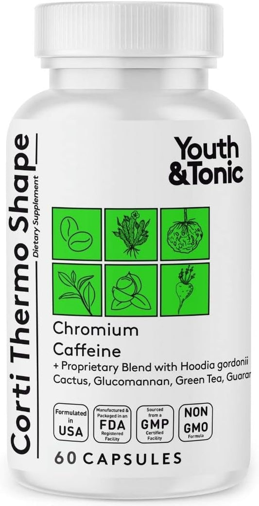 Energy-Boosting Diet Pills for Men and Women | Youth & Tonic Corti-Thermo Shape Capsules with Caffeine, Chromium, Guarana, and Hoodia Gordonii for Metabolism Support and Focus