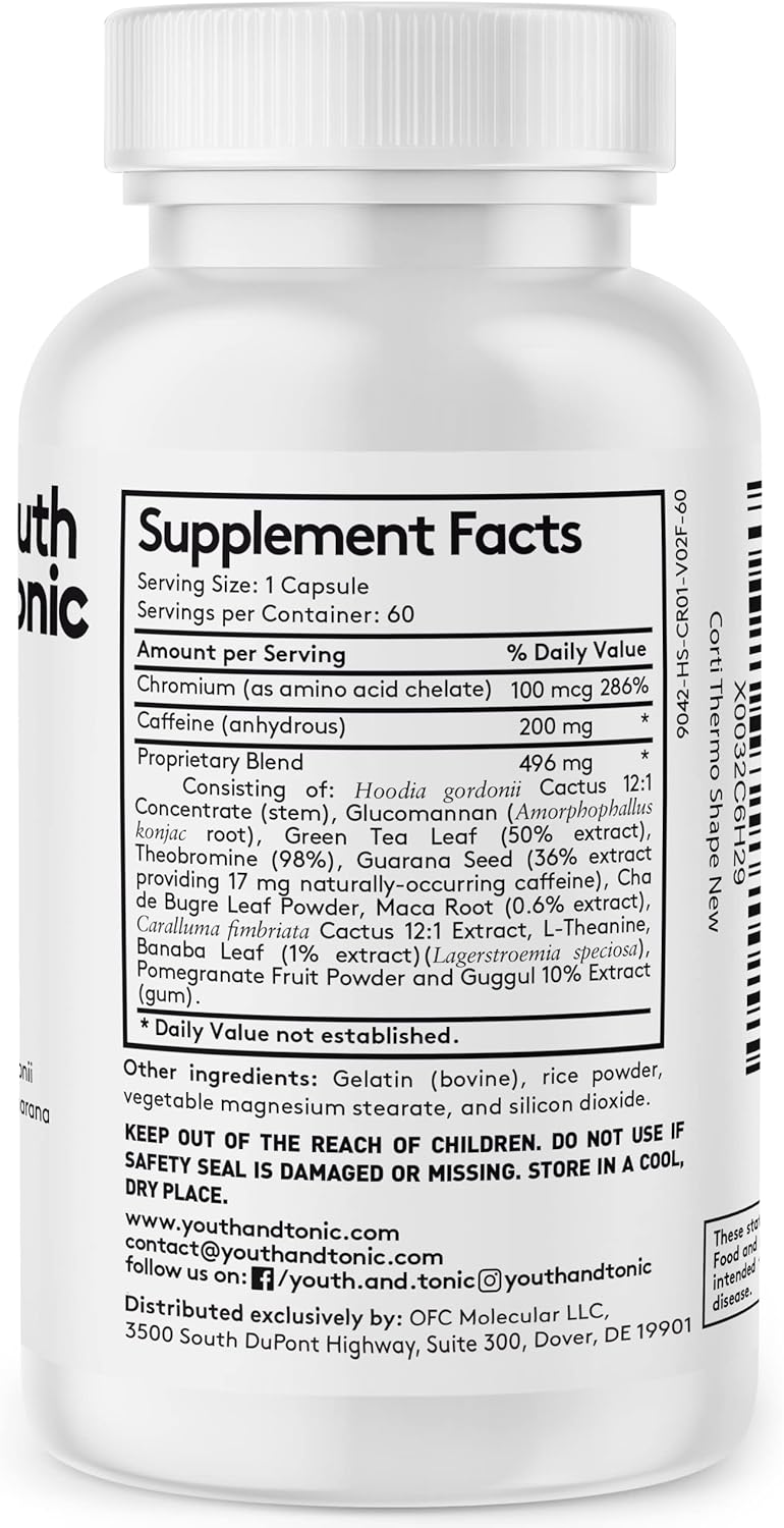 Energy-Boosting Diet Pills for Men and Women | Youth & Tonic Corti-Thermo Shape Capsules with Caffeine, Chromium, Guarana, and Hoodia Gordonii for Metabolism Support and Focus