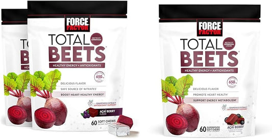 Energy-Boosting Force Factor Total Beets Soft Chews with Beetroot, Nitrates, L-Citrulline, Grapeseed Extract & Antioxidants - 300 Chews in 2-Pack & 60 Count - Healthy Supplement
