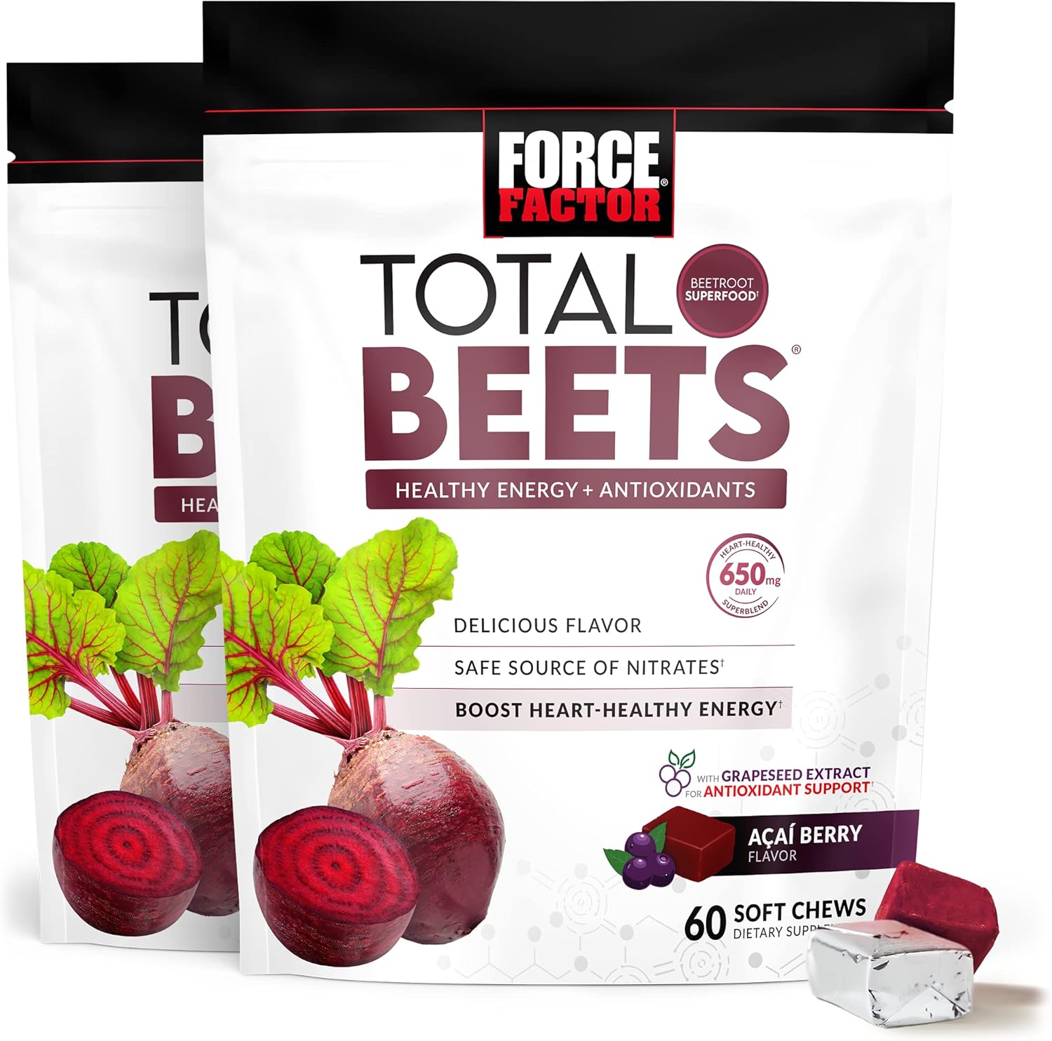 Energy-Boosting Force Factor Total Beets Soft Chews with Beetroot, Nitrates, L-Citrulline, Grapeseed Extract & Antioxidants - 300 Chews in 2-Pack & 60 Count - Healthy Supplement