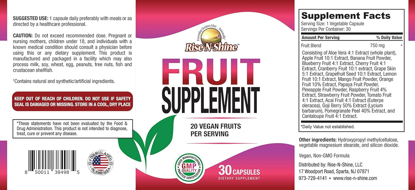 Energy-Boosting Fruit Supplement - 20 Fruit Blend Vitamins for Men & Women - 30 Day Supply - 30 Capsules