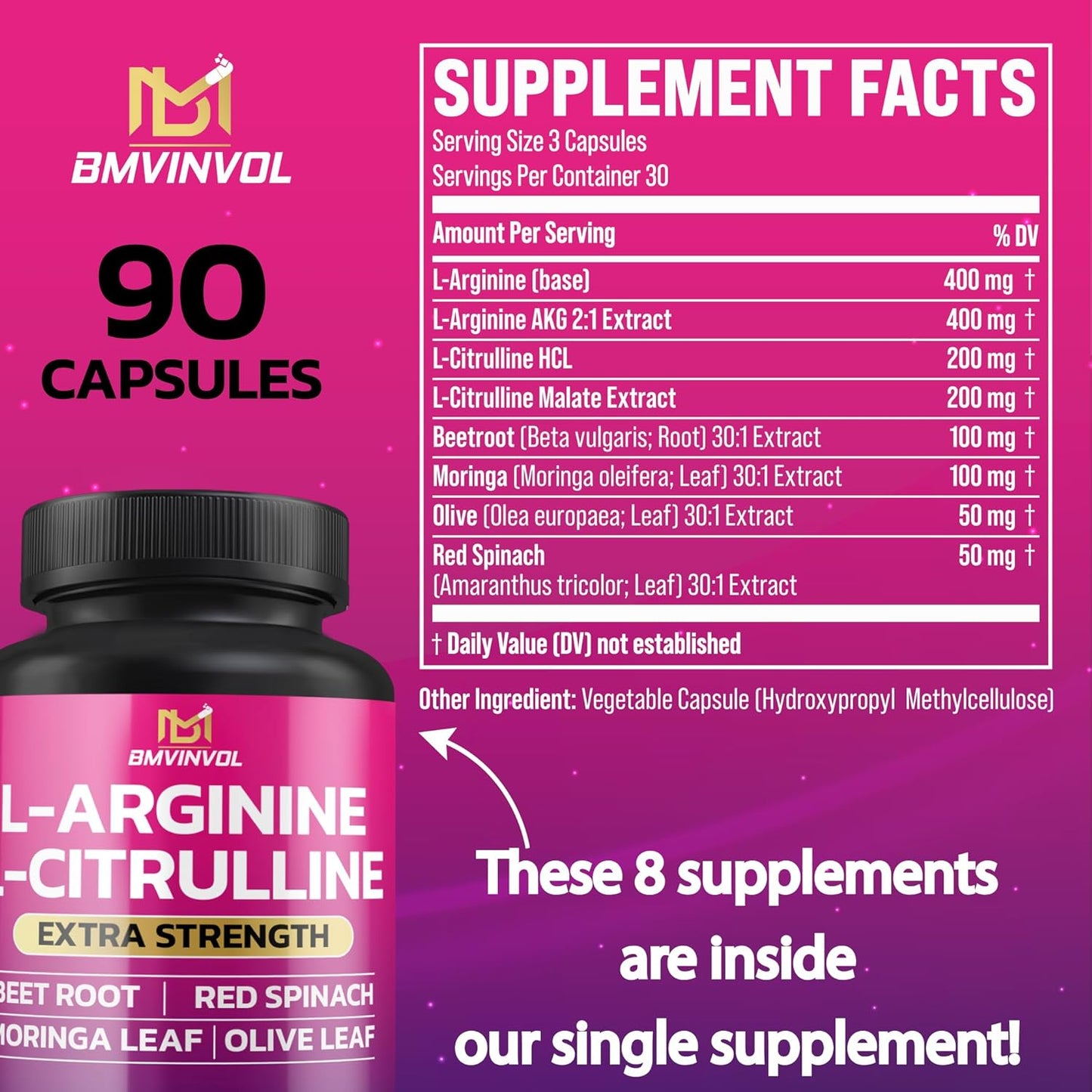 Energy Boosting L Arginine and L Citrulline Supplement with Beet Root, Moringa, Olive, Red Spinach - 90 Capsules