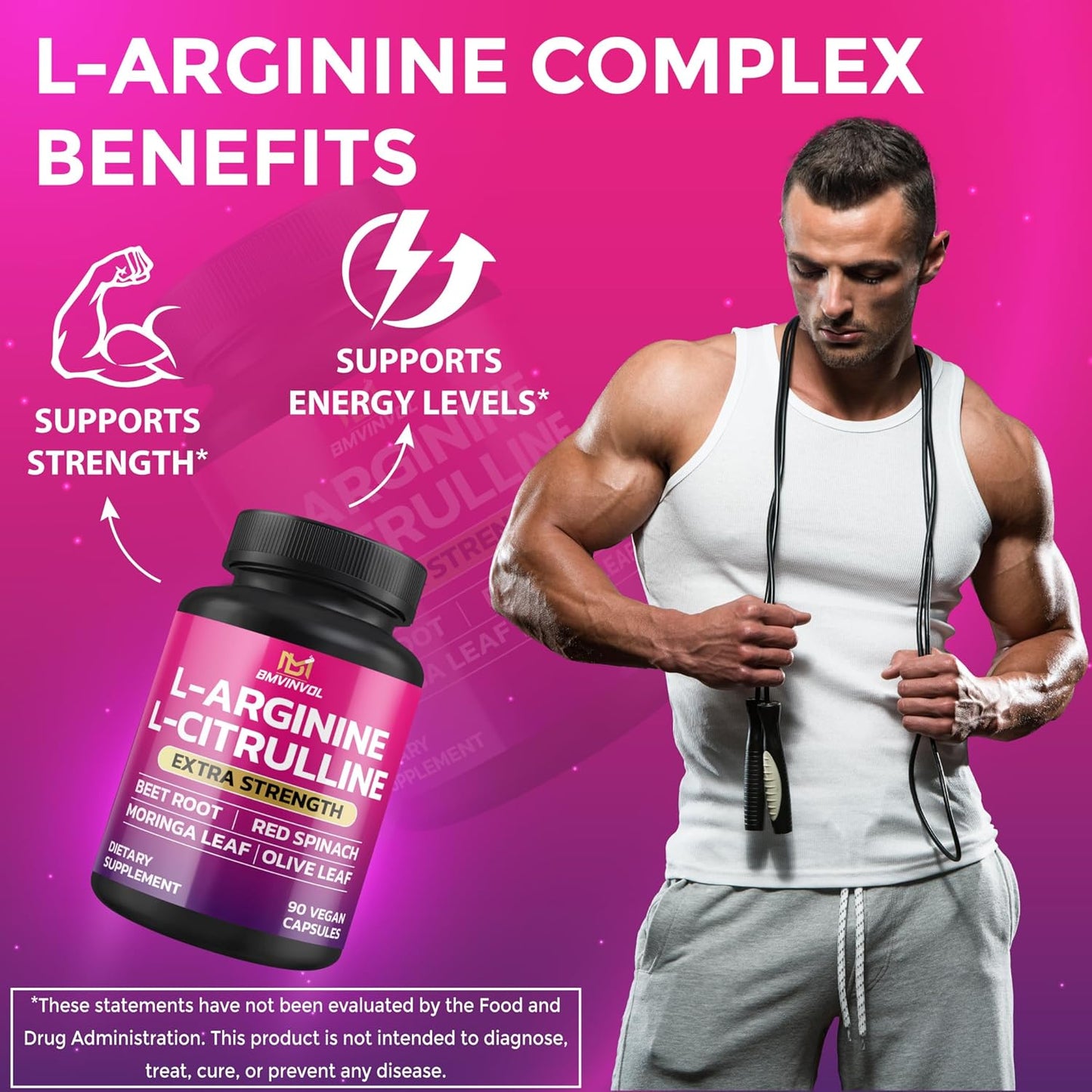 Energy Boosting L Arginine and L Citrulline Supplement with Beet Root, Moringa, Olive, Red Spinach - 90 Capsules