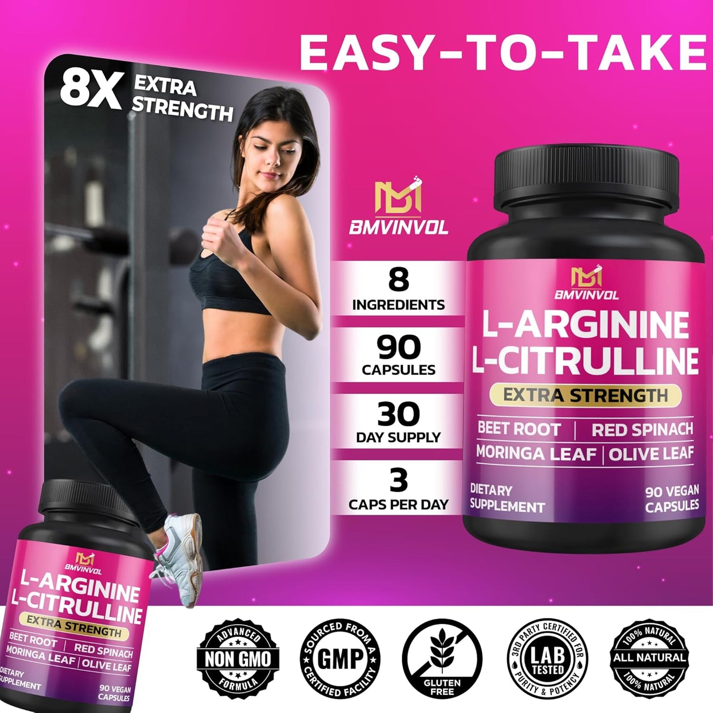 Energy Boosting L Arginine and L Citrulline Supplement with Beet Root, Moringa, Olive, Red Spinach - 90 Capsules