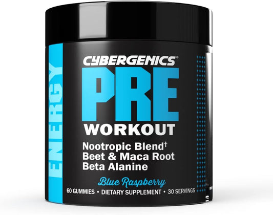 Energy-Boosting Pre Workout Gummies with Beta Alanine and Green Tea Extract, Focus Nootropic Blend, Natural Beet Root, Blue Raspberry Flavor, 60 Gummies