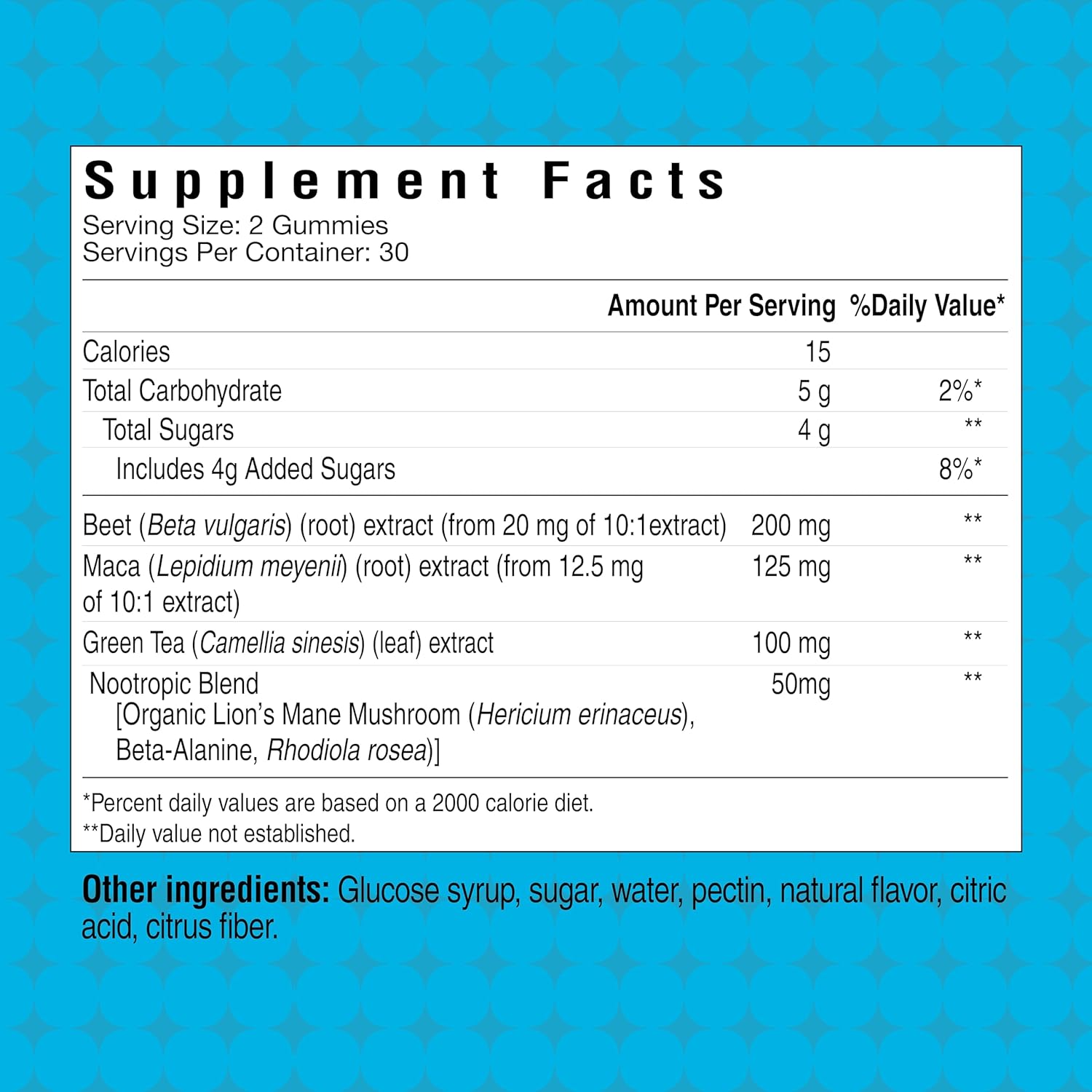 Energy-Boosting Pre Workout Gummies with Beta Alanine and Green Tea Extract, Focus Nootropic Blend, Natural Beet Root, Blue Raspberry Flavor, 60 Gummies