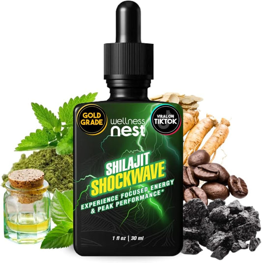 Energy-Boosting Shilajit Shockwave Drops with Tulsi, Panax Ginseng, and Peppermint - Pure Himalayan Formula for Focus and Vitality - 30 Servings