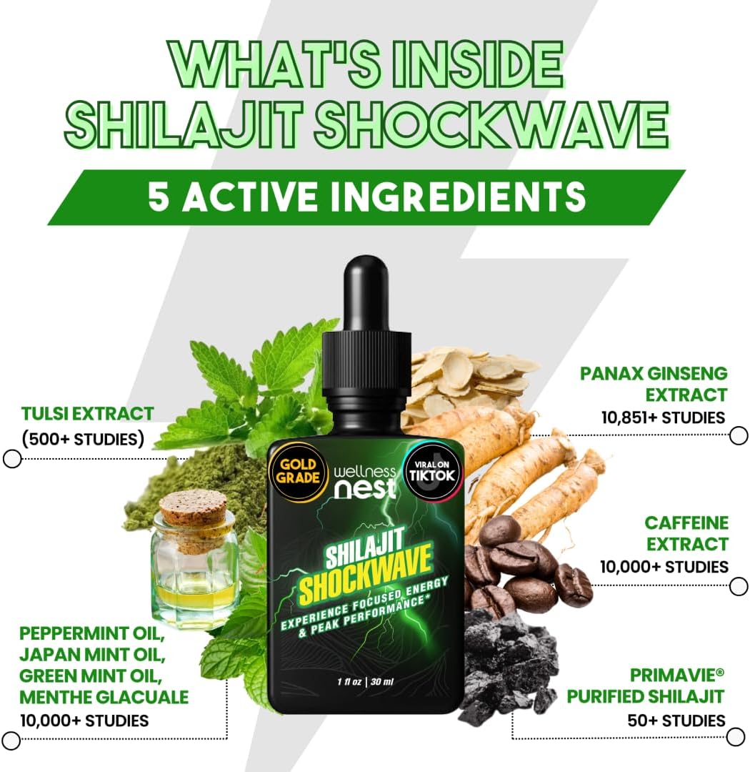 Energy-Boosting Shilajit Shockwave Drops with Tulsi, Panax Ginseng, and Peppermint - Pure Himalayan Formula for Focus and Vitality - 30 Servings