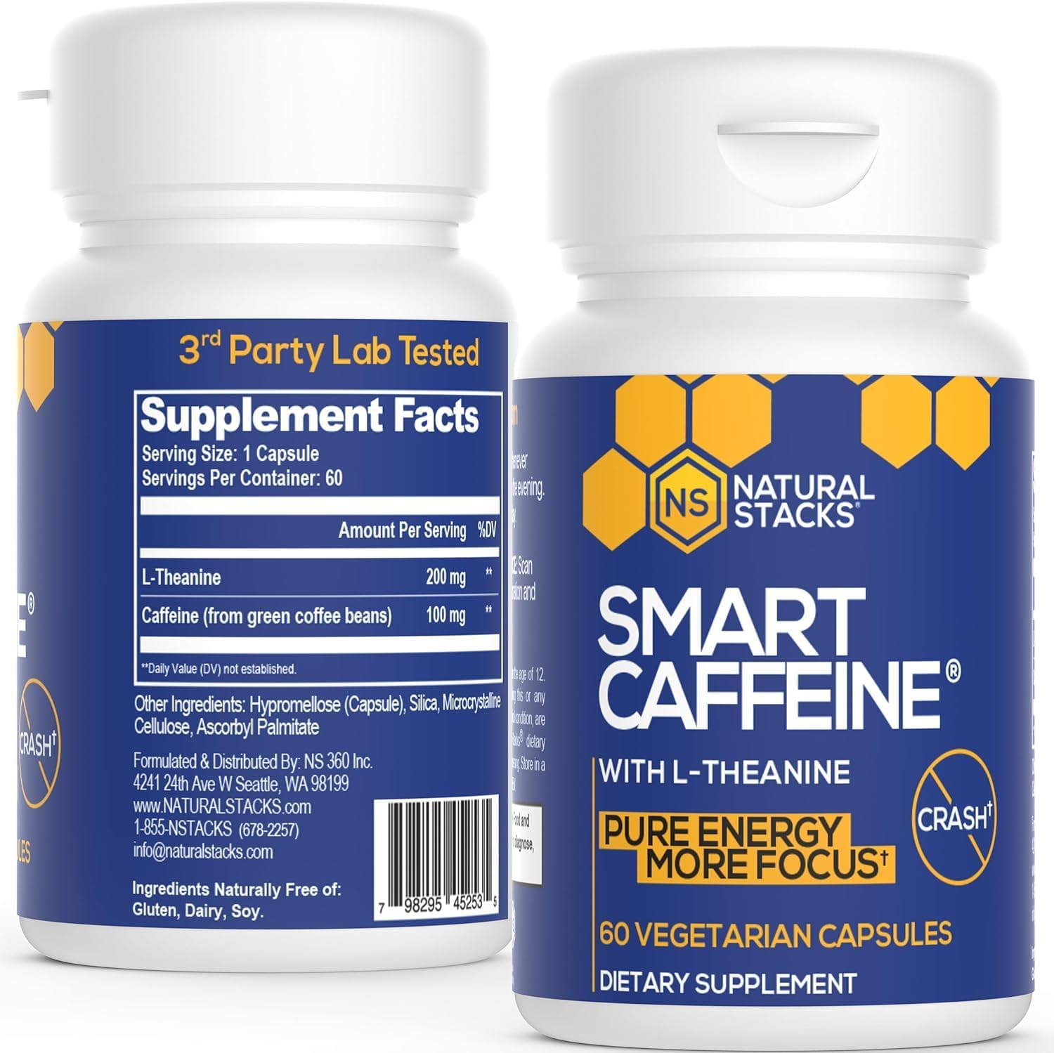 Energy-Boosting Smart Caffeine Pills with L-Theanine - Natural Stack for Focus and Alertness - Non-Jittery Formula - 60 Capsules