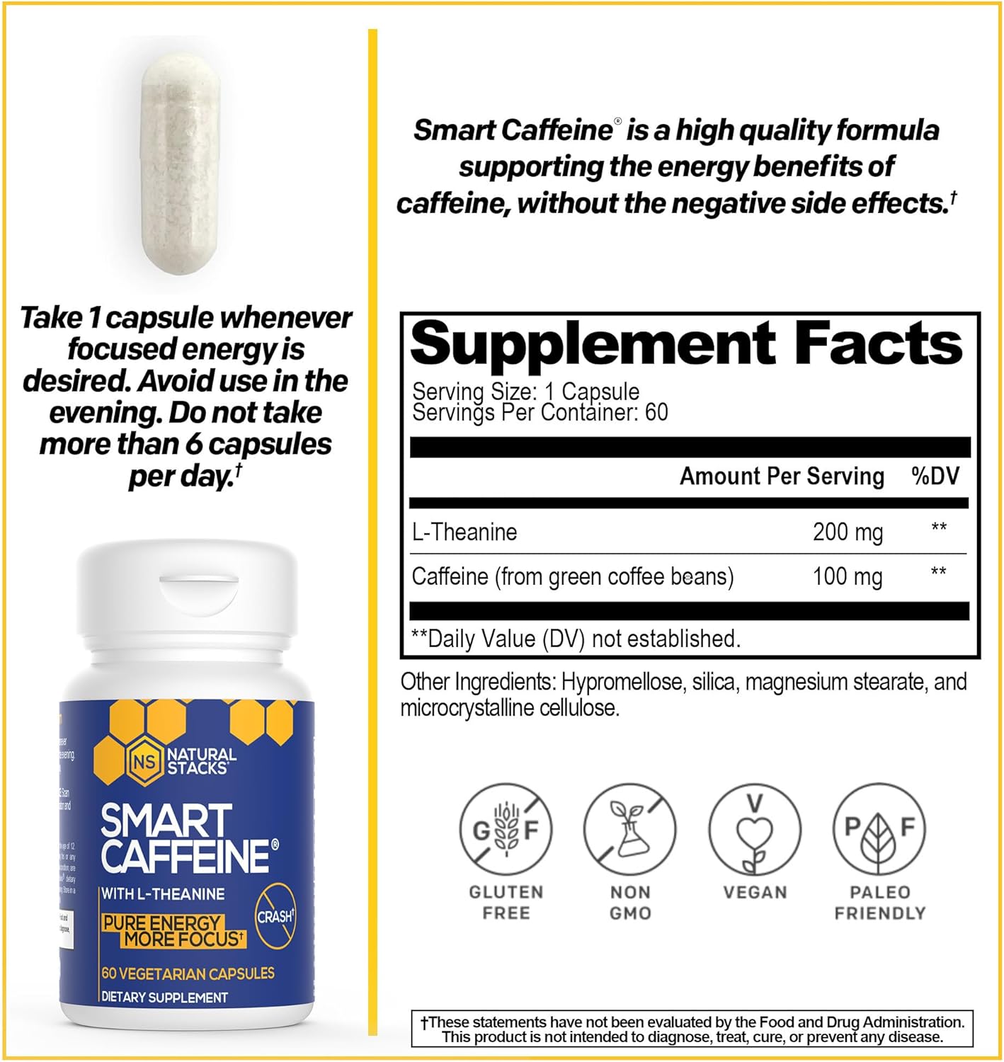 Energy-Boosting Smart Caffeine Pills with L-Theanine - Natural Stack for Focus and Alertness - Non-Jittery Formula - 60 Capsules