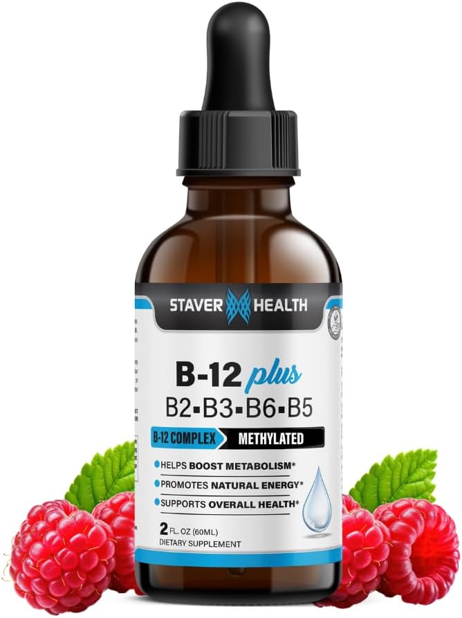 Energy Boosting Vegan Liquid B Complex Vitamin Supplement - 2 Month Supply, Non-GMO, Gluten Free - Staver Health B12 Plus