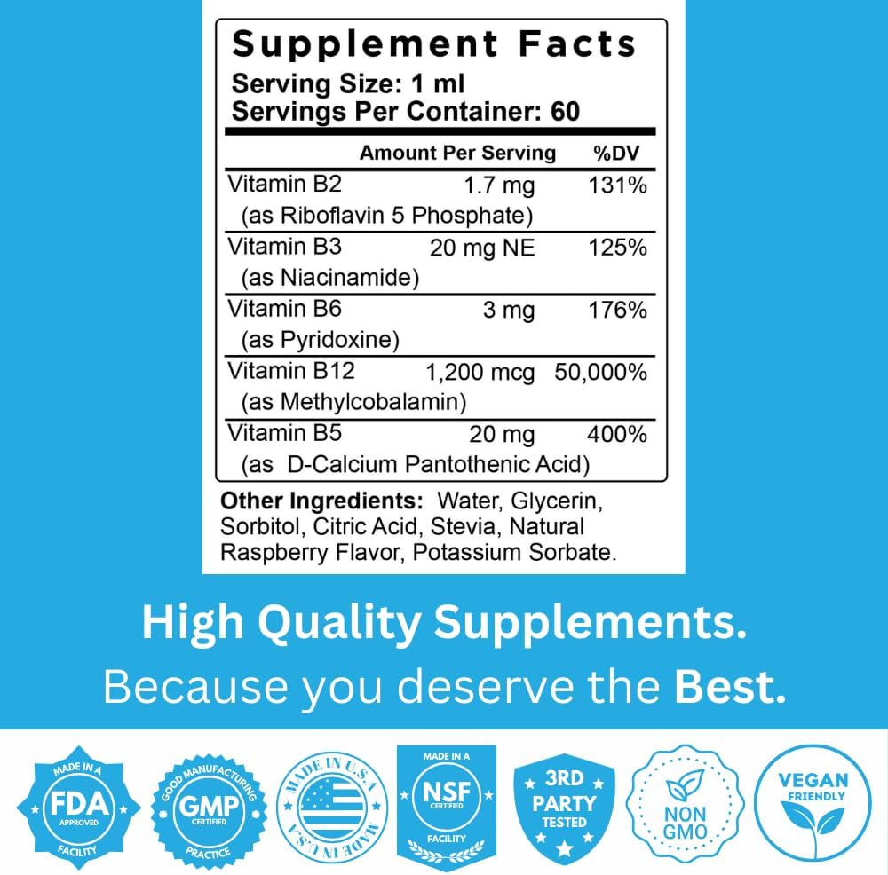Energy Boosting Vegan Liquid B Complex Vitamin Supplement - 2 Month Supply, Non-GMO, Gluten Free - Staver Health B12 Plus