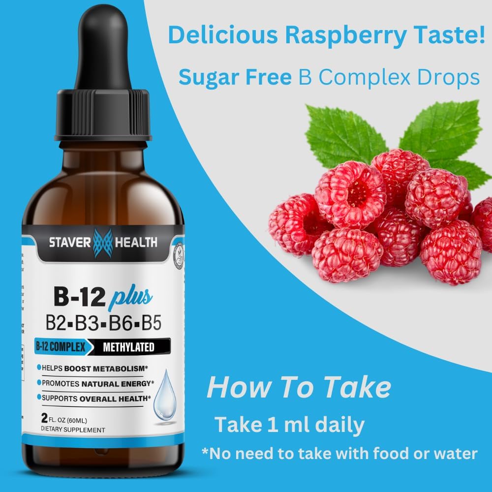 Energy Boosting Vegan Liquid B Complex Vitamin Supplement - 2 Month Supply, Non-GMO, Gluten Free - Staver Health B12 Plus
