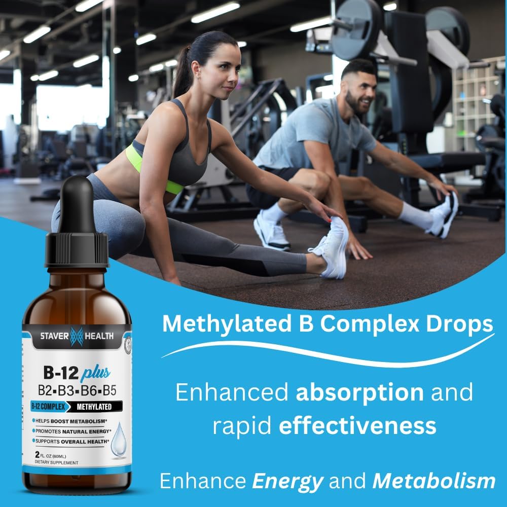 Energy Boosting Vegan Liquid B Complex Vitamin Supplement - 2 Month Supply, Non-GMO, Gluten Free - Staver Health B12 Plus