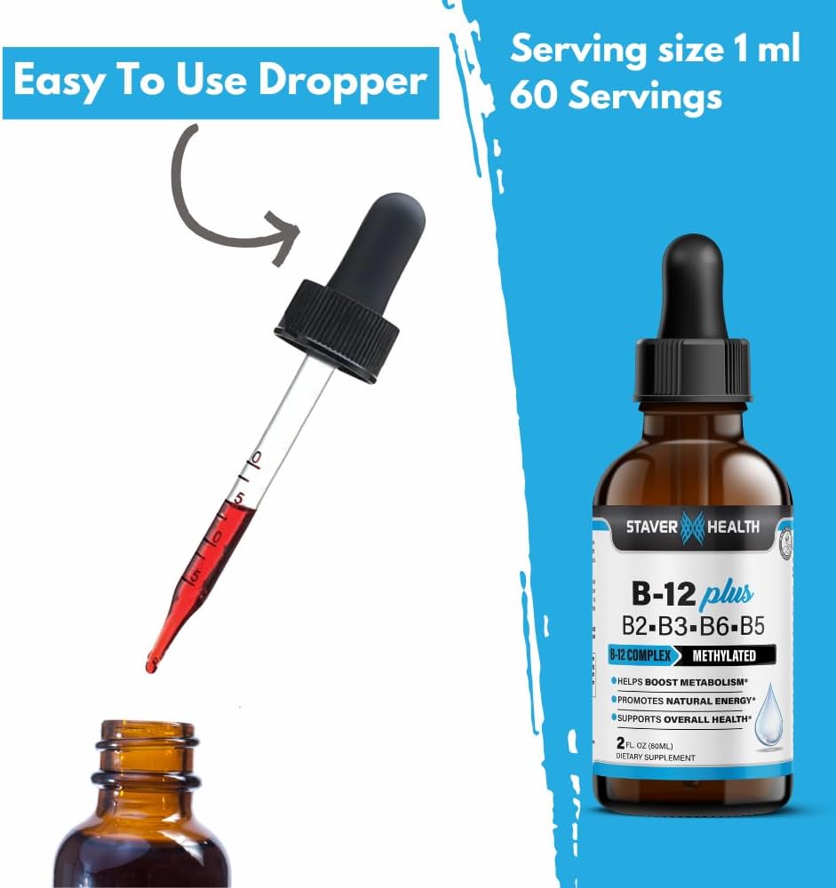 Energy Boosting Vegan Liquid B Complex Vitamin Supplement - 2 Month Supply, Non-GMO, Gluten Free - Staver Health B12 Plus