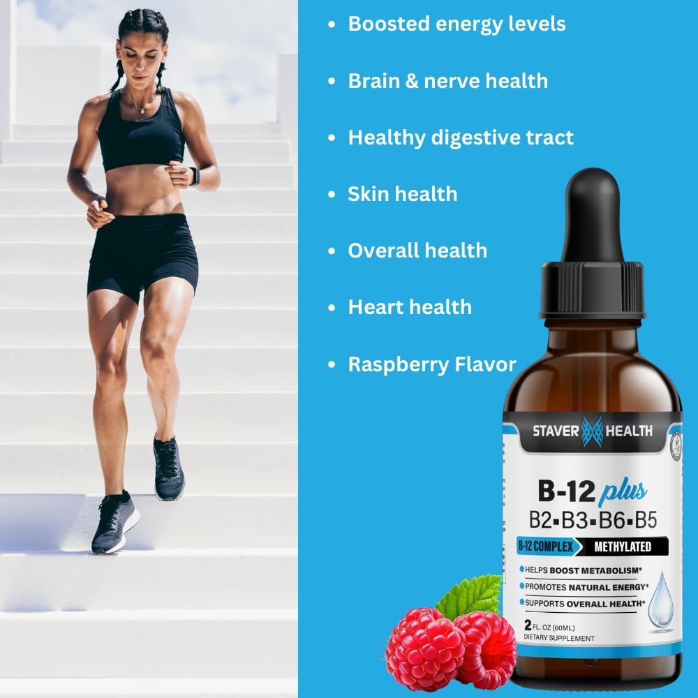 Energy Boosting Vegan Liquid B Complex Vitamin Supplement - 2 Month Supply, Non-GMO, Gluten Free - Staver Health B12 Plus