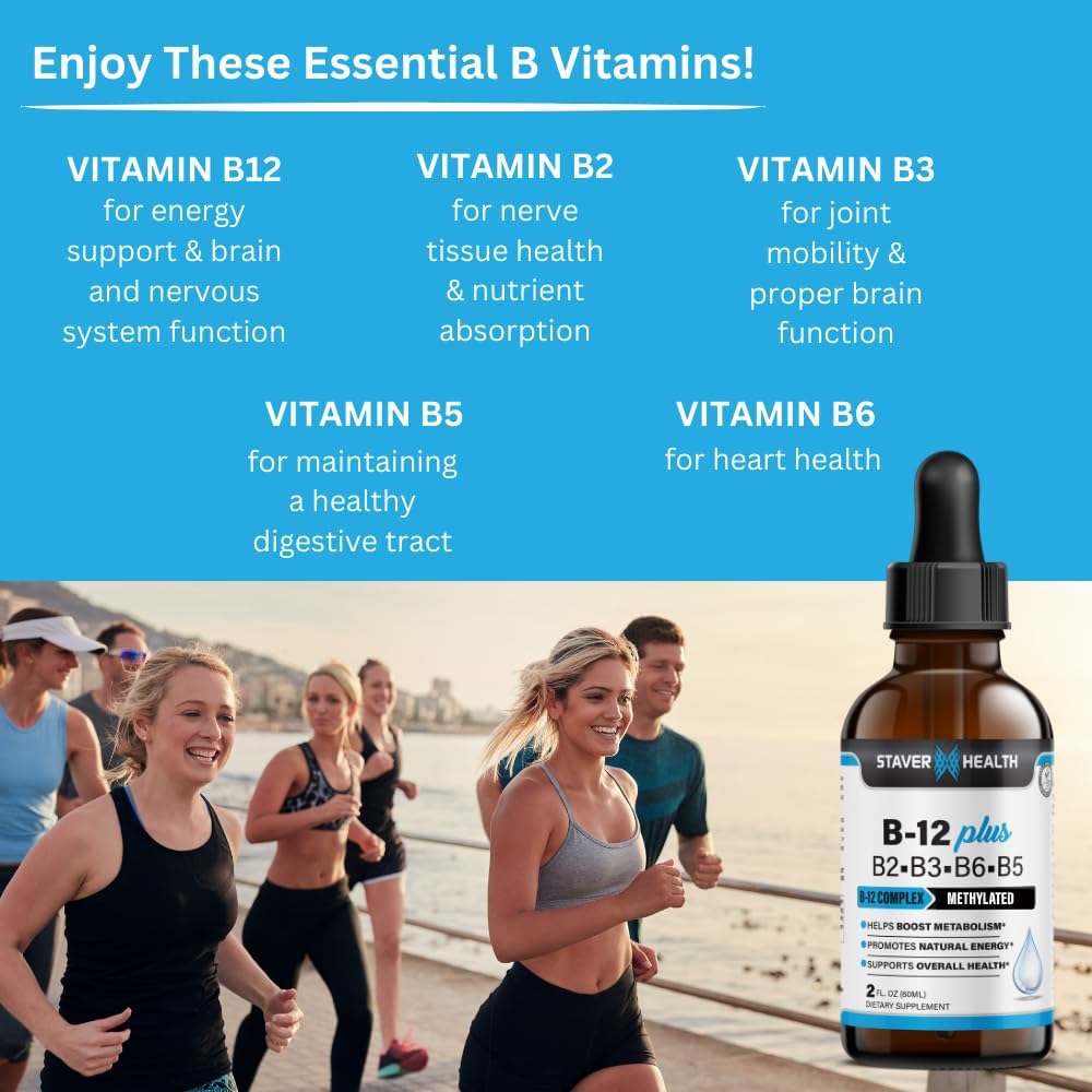 Energy Boosting Vegan Liquid B Complex Vitamin Supplement - 2 Month Supply, Non-GMO, Gluten Free - Staver Health B12 Plus
