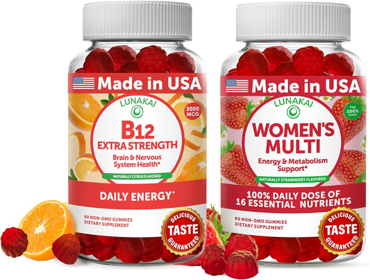 Energy-Boosting Women's Multivitamin Gummies Bundle with High-Absorption Vitamin B12 - 30 Days Supply of Essential Nutrients