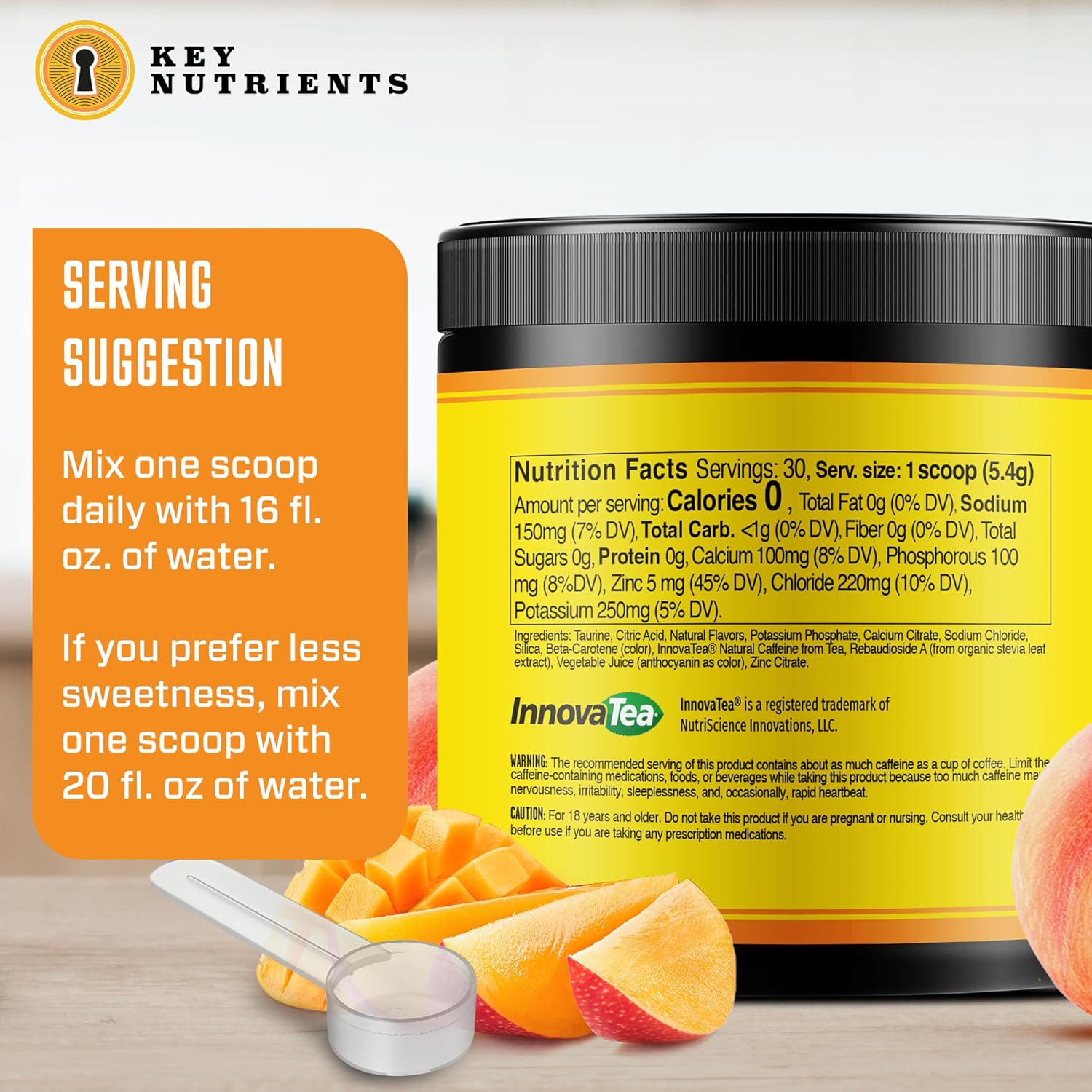 Energy Drink Powder with Electrolytes - Sugar-Free Endurance & Energy Supplement - Natural Caffeine, Taurine, Zinc - Tropical Peach Mango Flavor